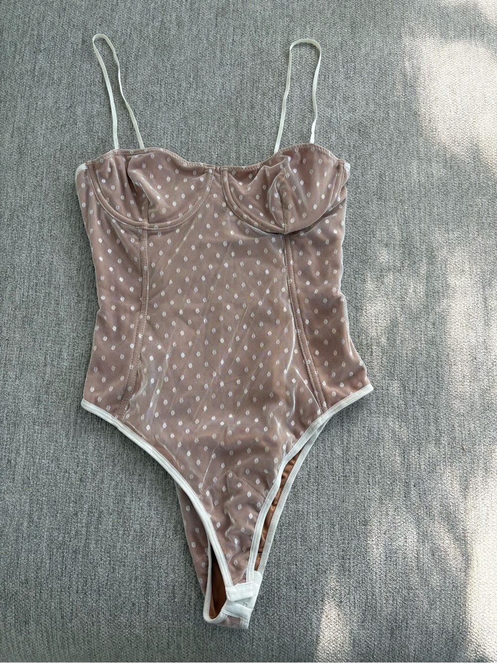 White Fox Boutique Mauve Polka Dot Mesh Bodysuit with White Trim